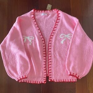 Vestique Pink Cardigan with Red Trim